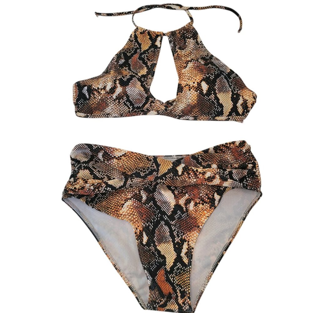 Womens Two-piece Brown Snake Skin Print Halter Swimsuit Tummy Control Sz Medium